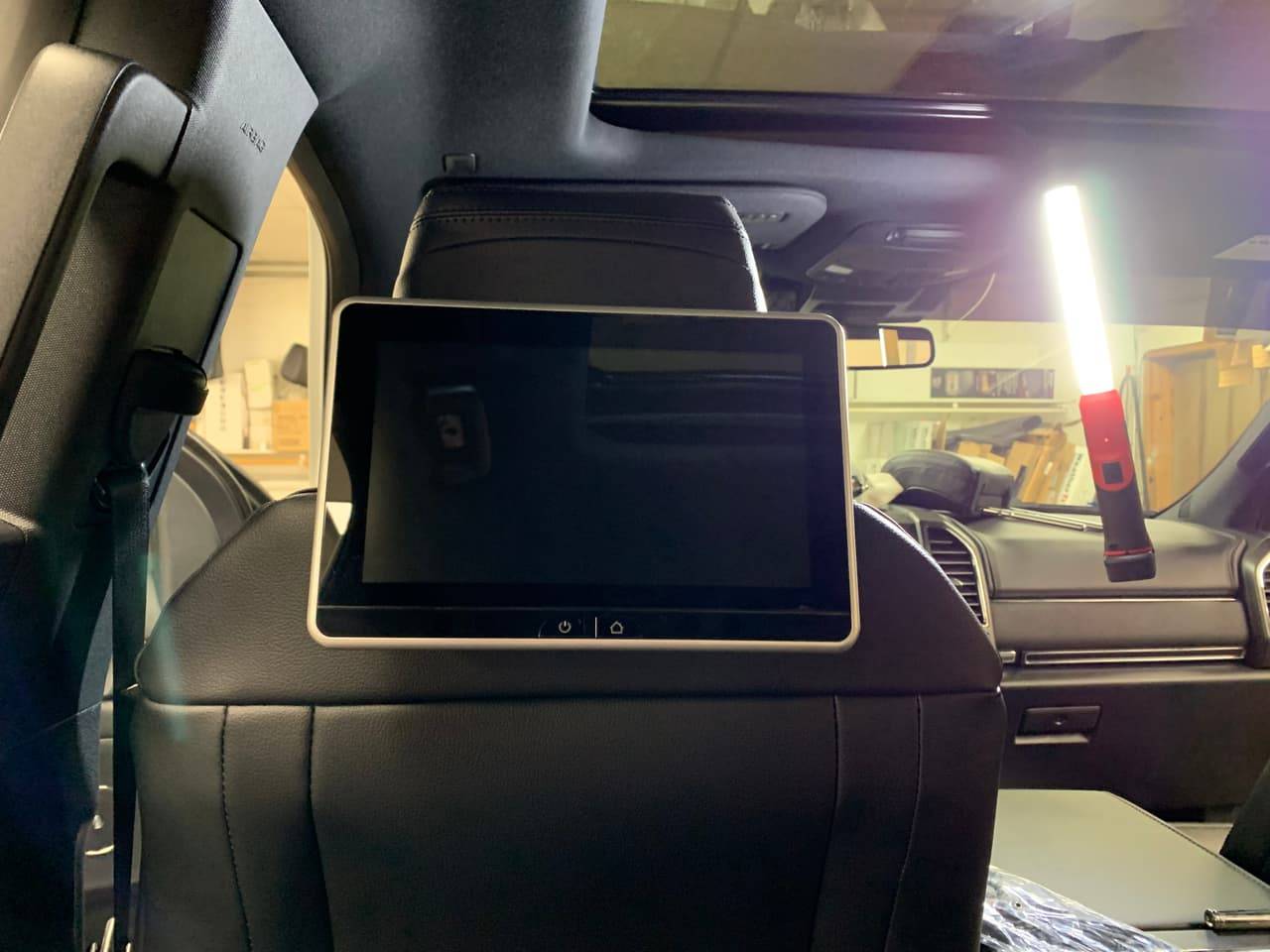 Close-up of a headrest-mounted entertainment screen